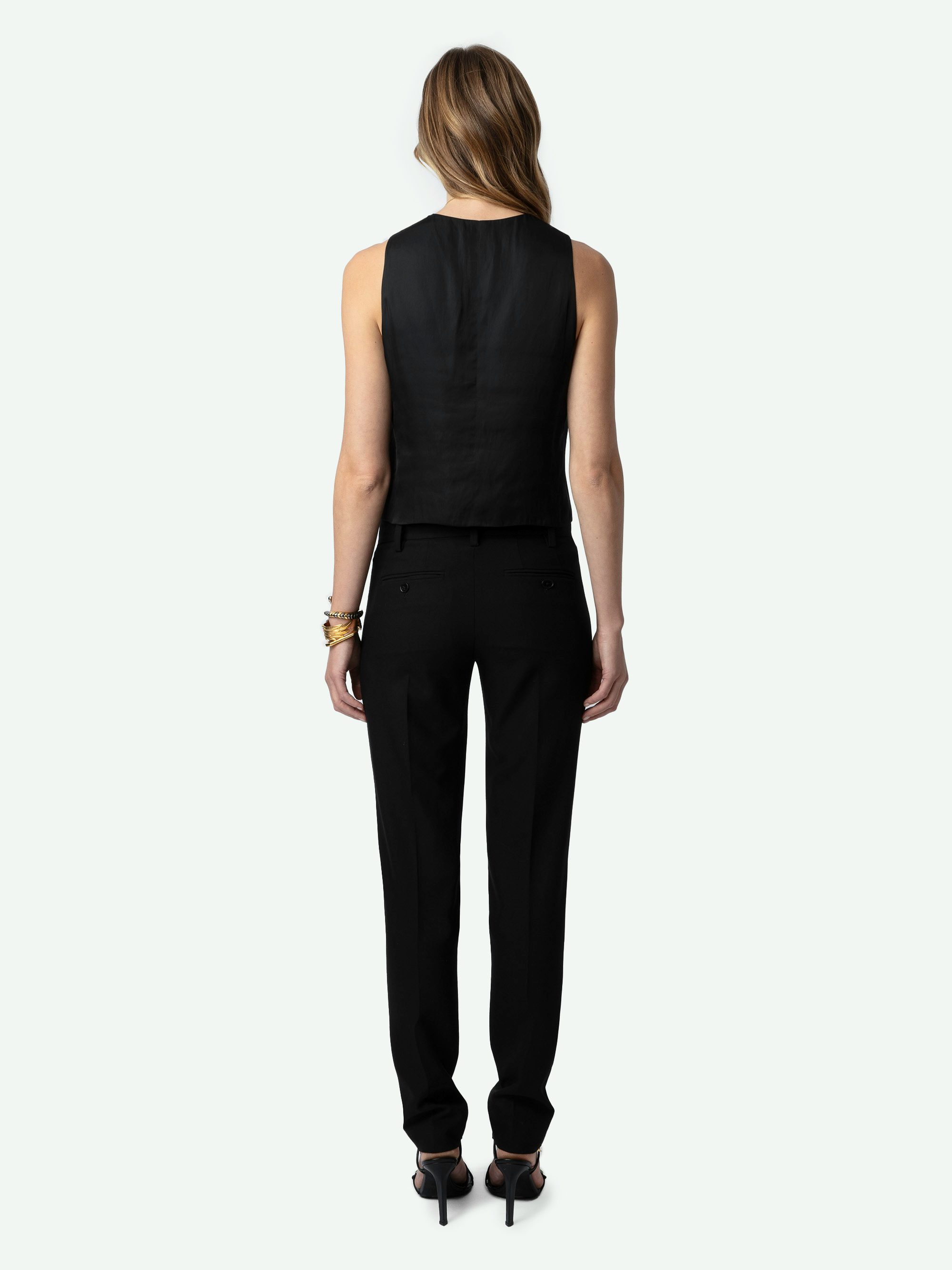 Emaux Waistcoat Satin - Sleeveless V-neck button-up waistcoat-style black satin top.